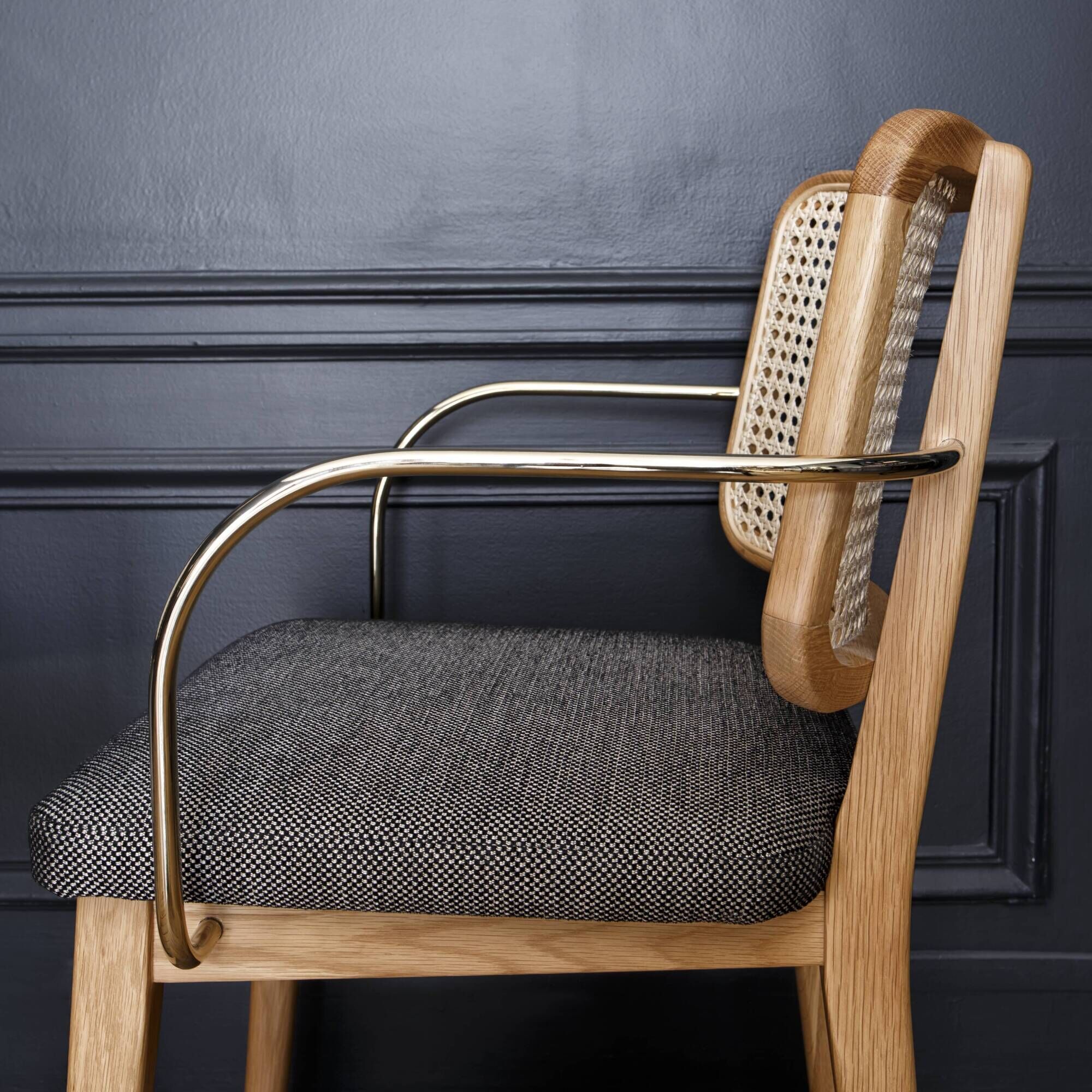 Light wood caning chair armrests red Edition caviar fabric