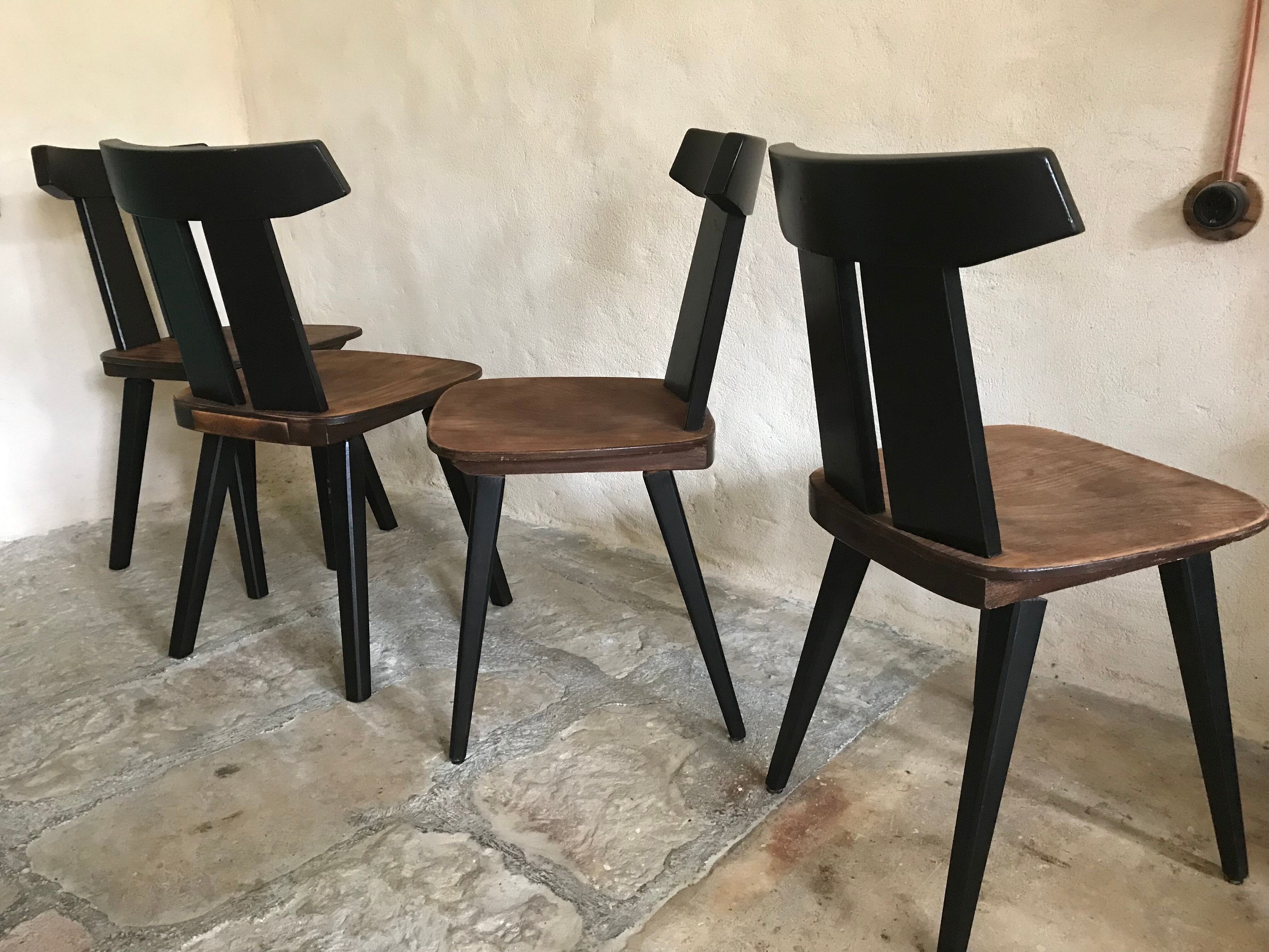 Set of 4 vintage brutalist chairs in beech 1960's