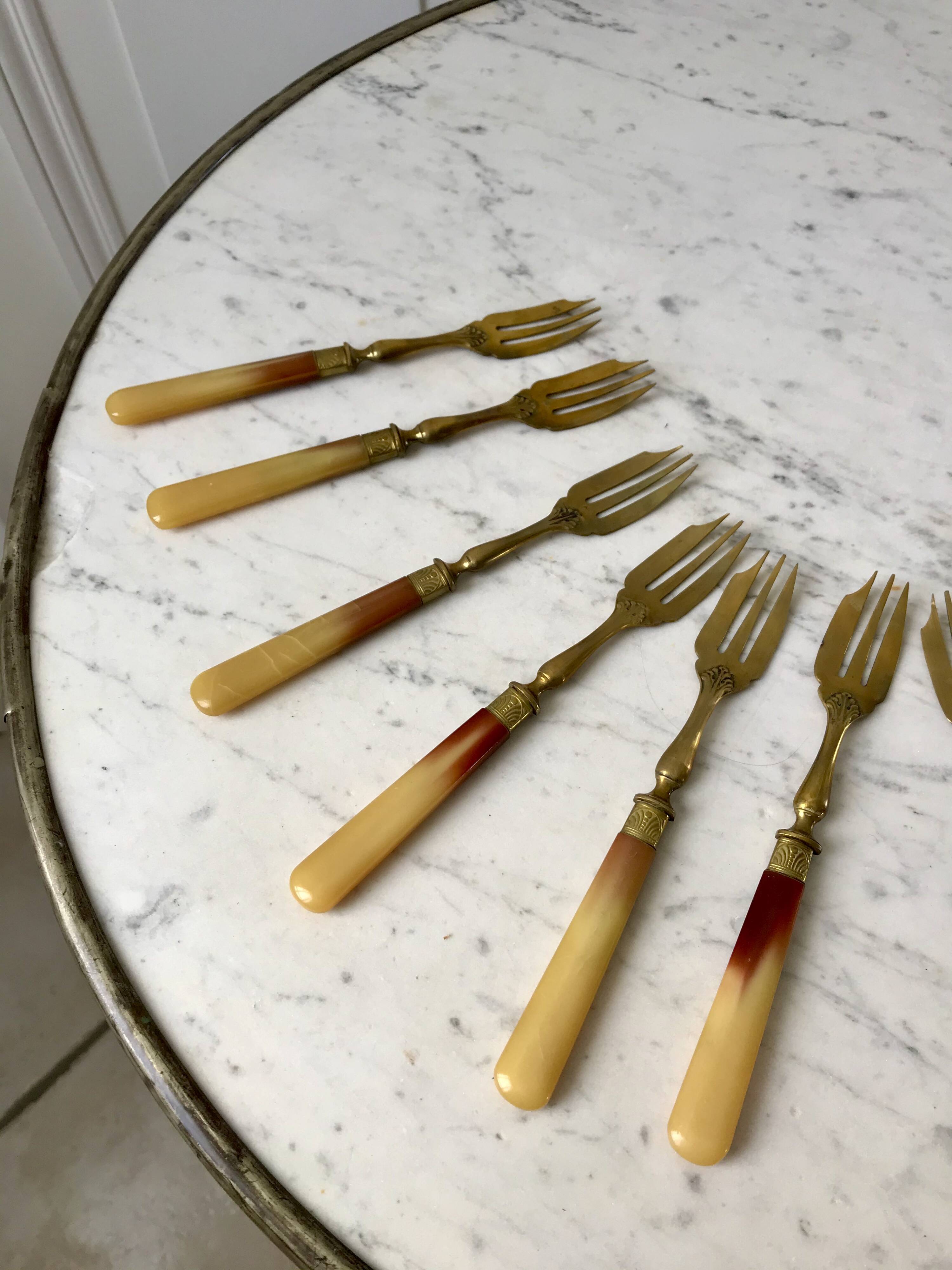 set of 12 horn dessert forks from the 50s