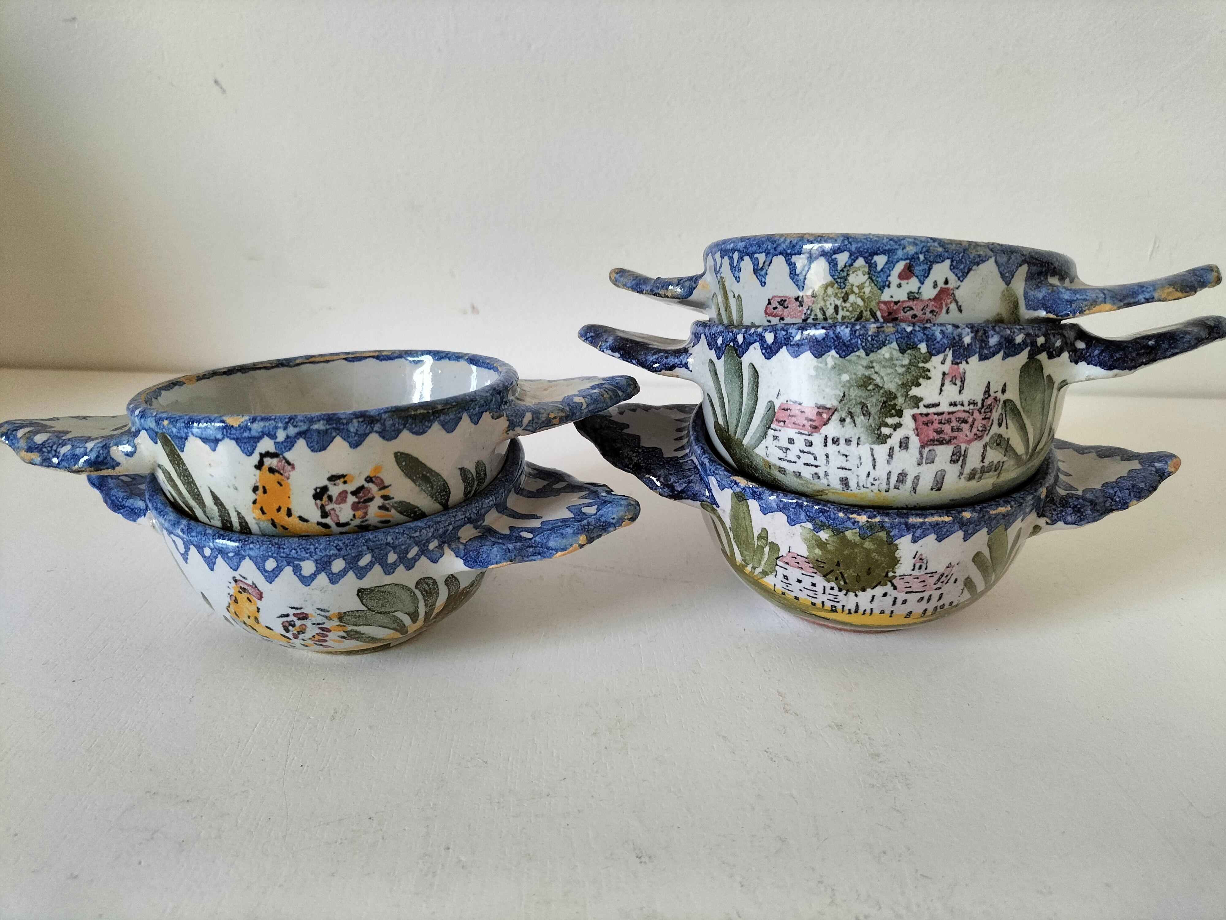 5 mini earthenware bowls from Charolles decorated with a village and rooster.
