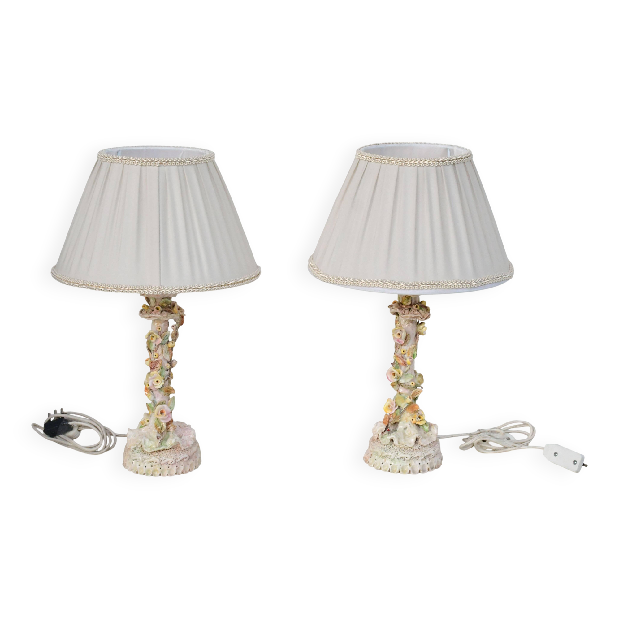 Set of 2 midcentury Italian ceramic floral table lamps