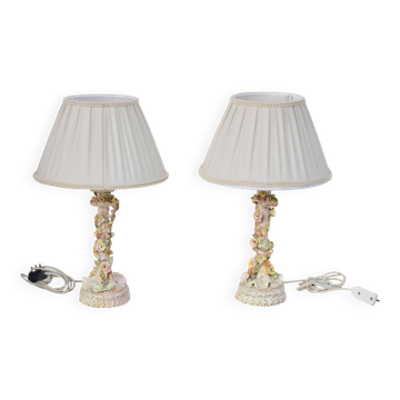 Set of 2 midcentury Italian ceramic floral table lamps