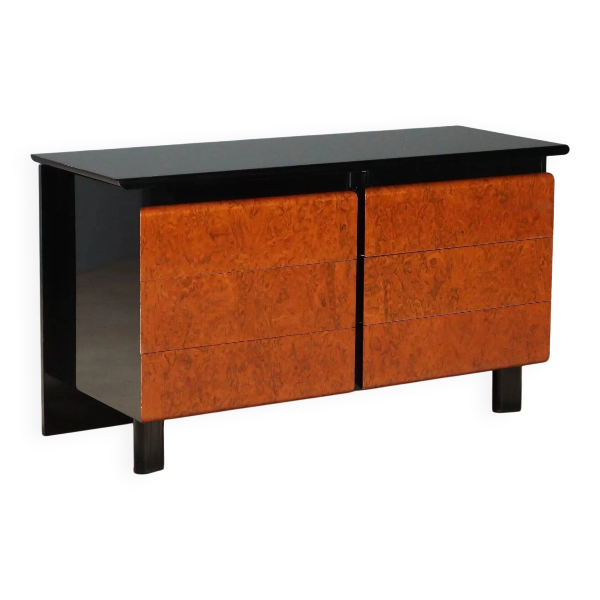 1980s lacquered wood and burl commode