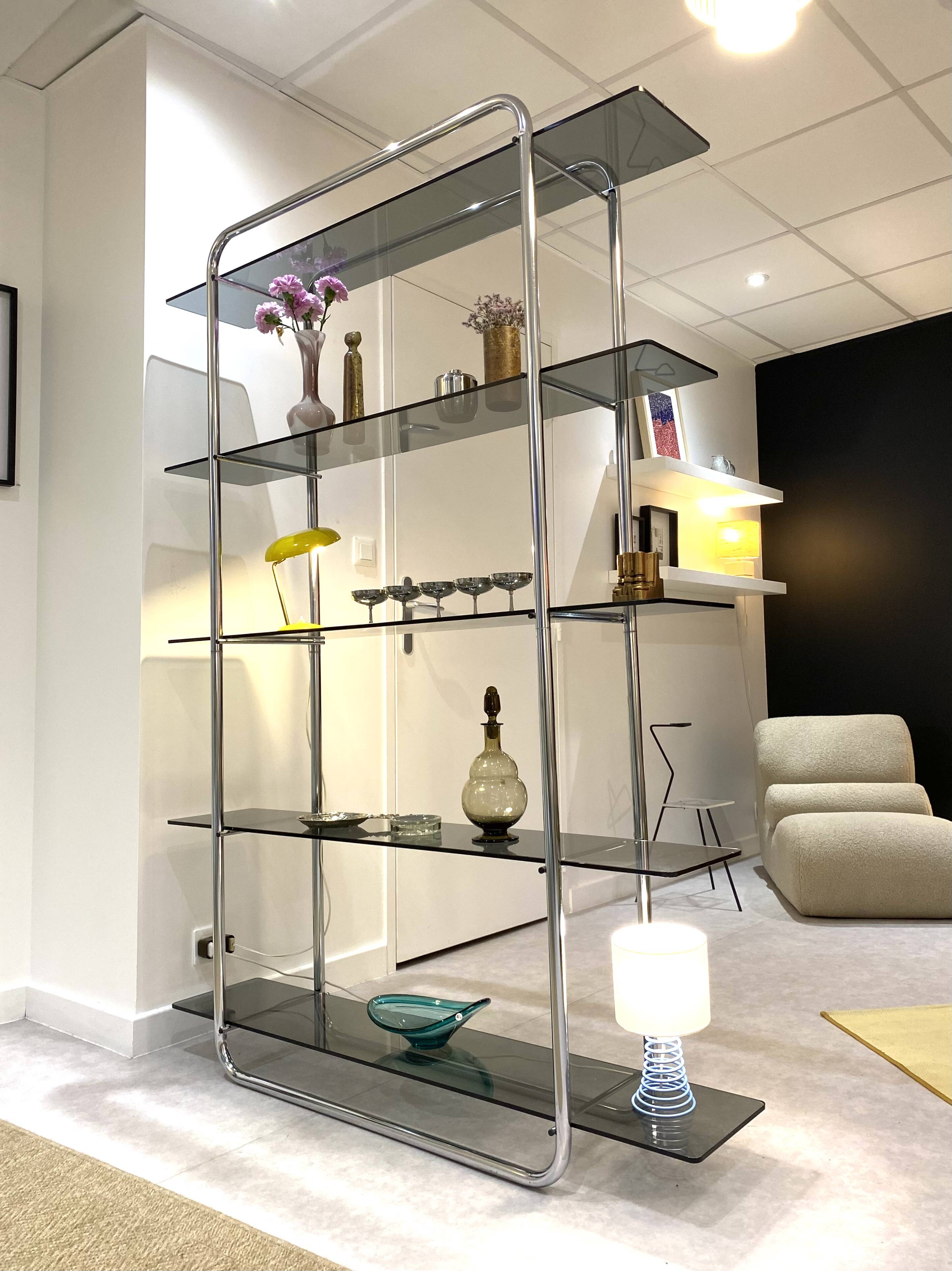 Tubular bookcase & vintage smoked glass 1970