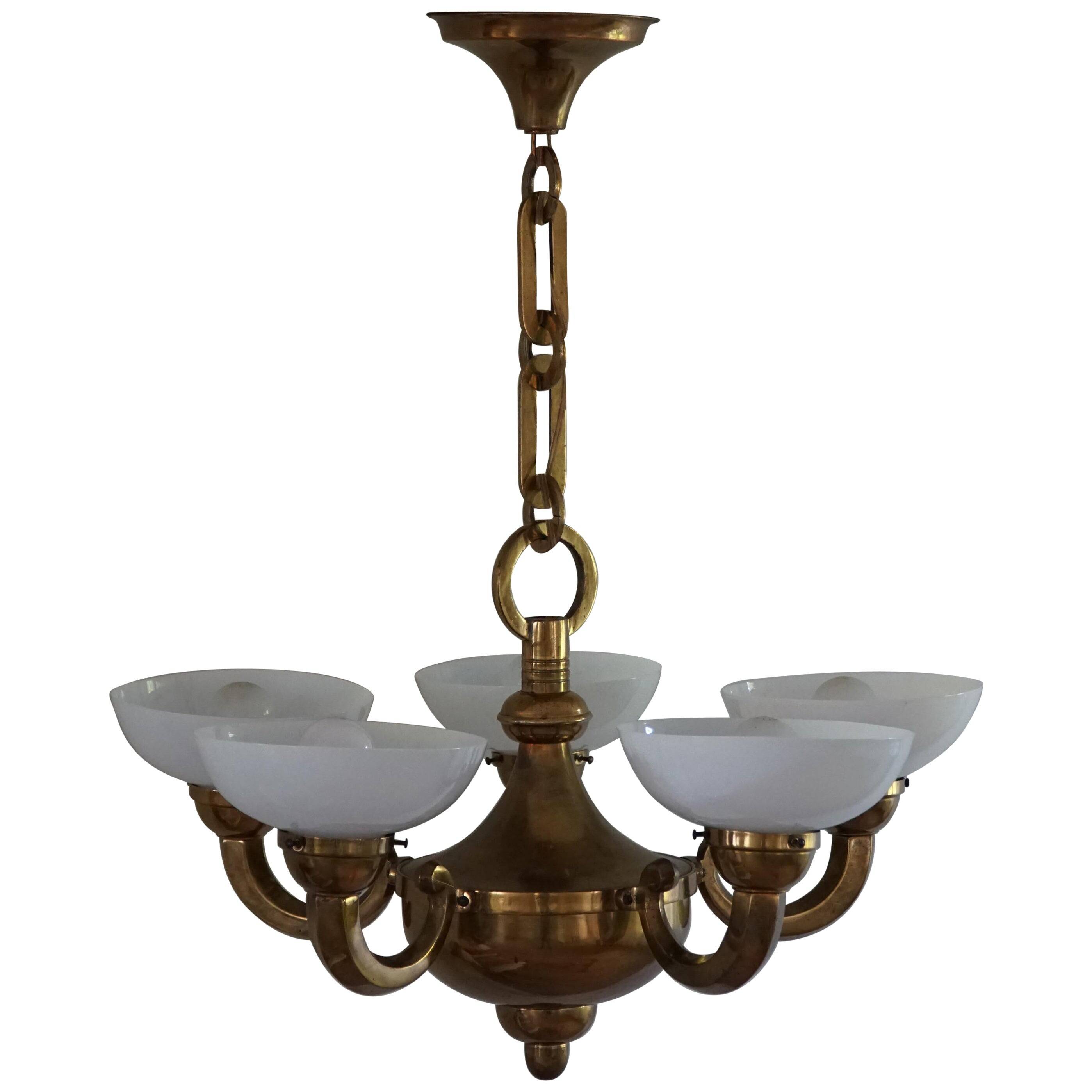 A modern Danish Art Deco chandelier, glass and brass, 1940s.