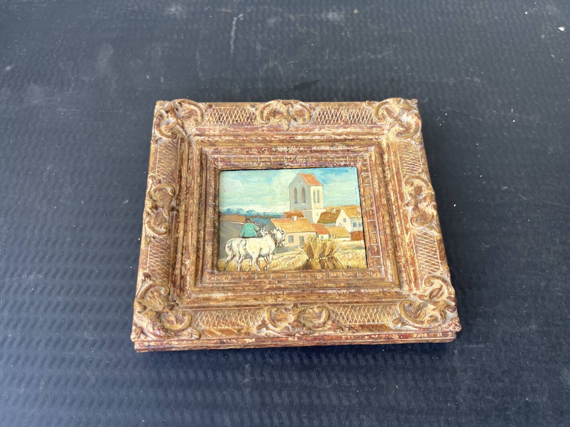 Small old painting signed Daniel Rouvière – Village scene with horses
