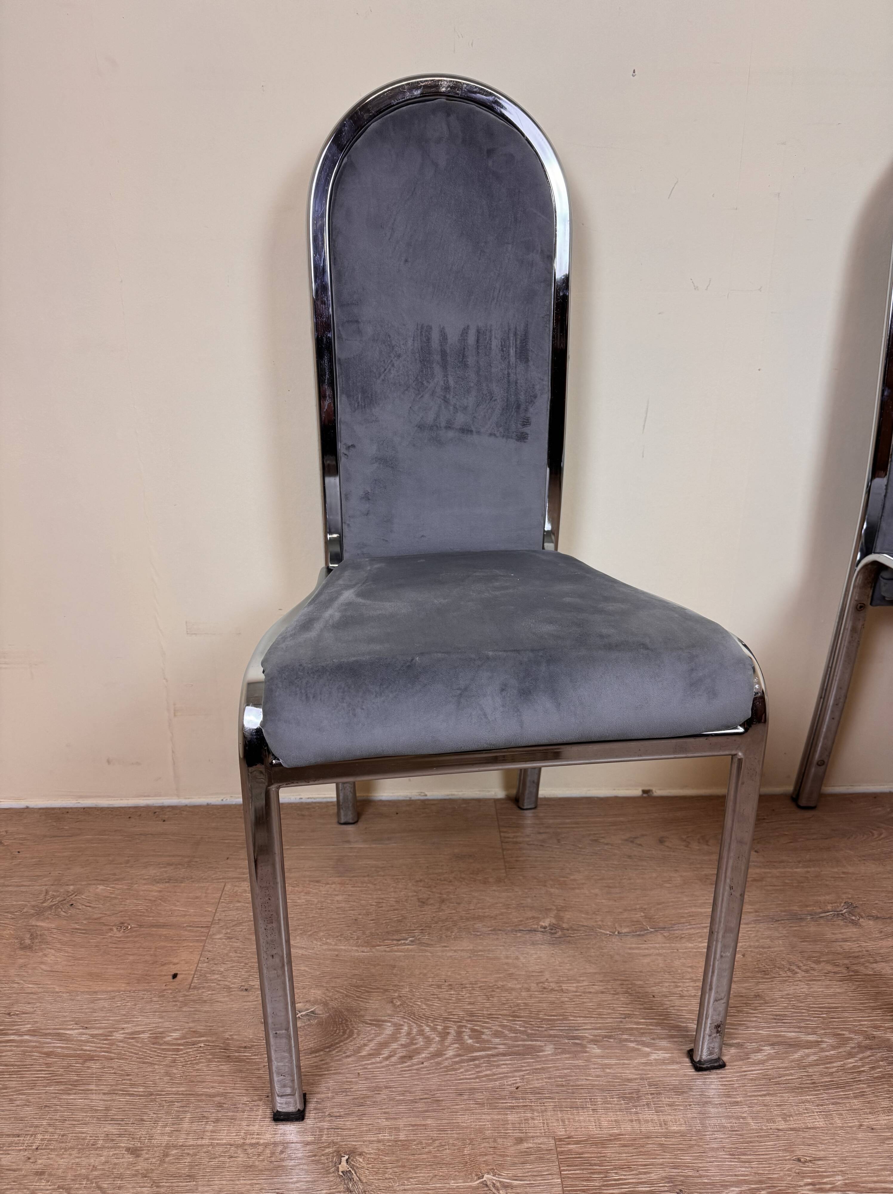 Set of Italian dining chairs from 1970, chrome and covered in blue velvet