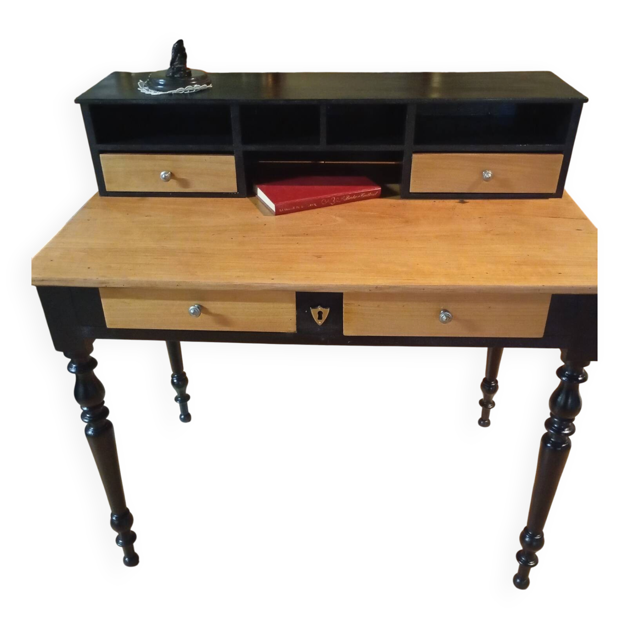 Bureau ancien restauré style campagne chic / bicolore noir et bois
