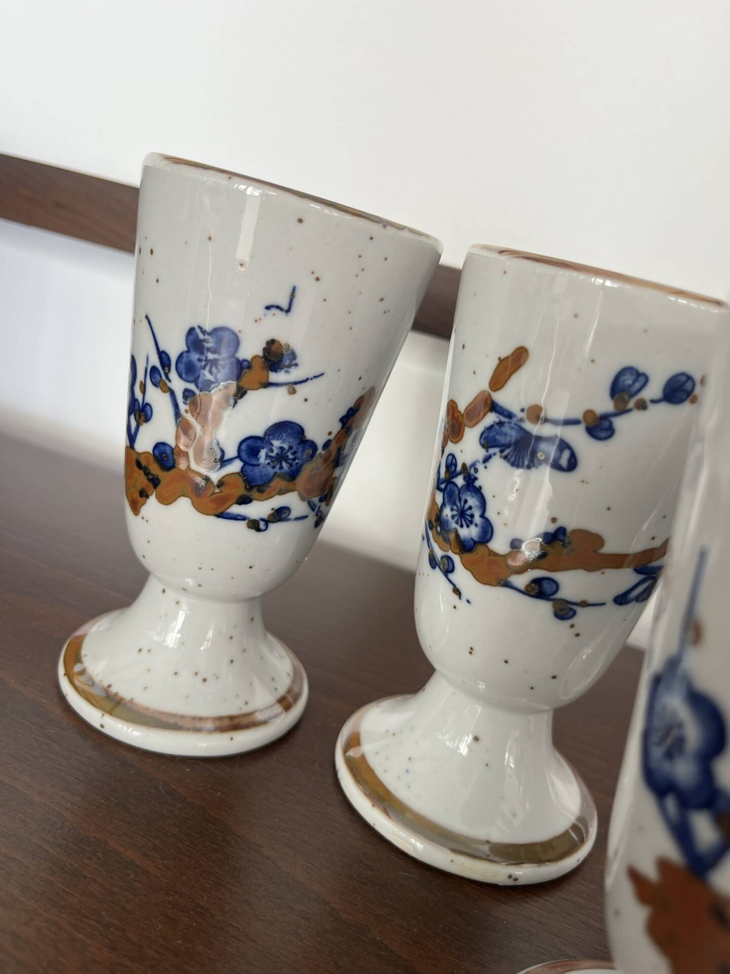 Set of 5 blue stoneware mazagrans "cherry blossom".