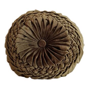 Round cushion in bronze green pleated velvet