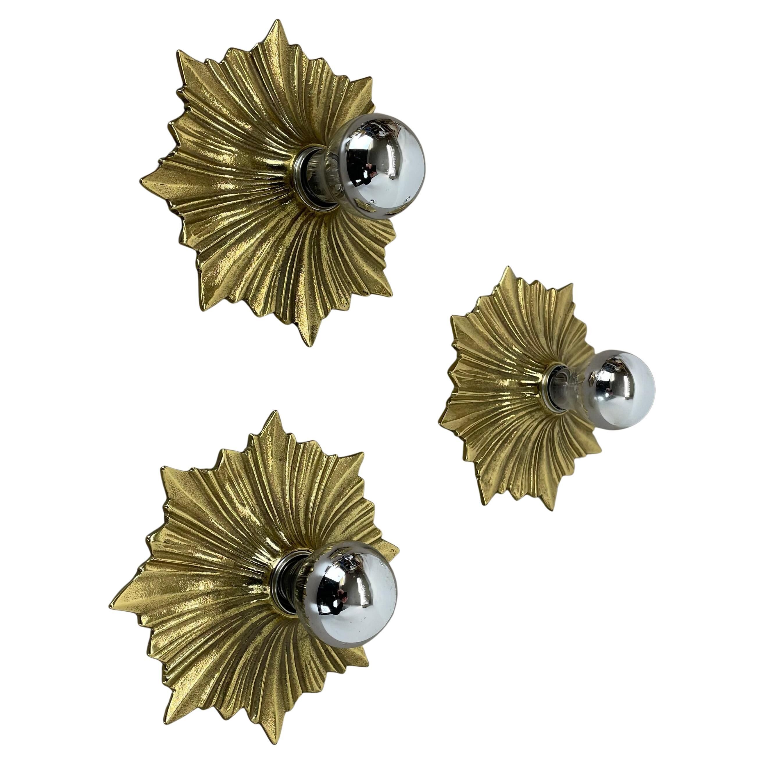 Set of Three Brutalist Bronze Sunburst Wall Lights, Italy 1950s