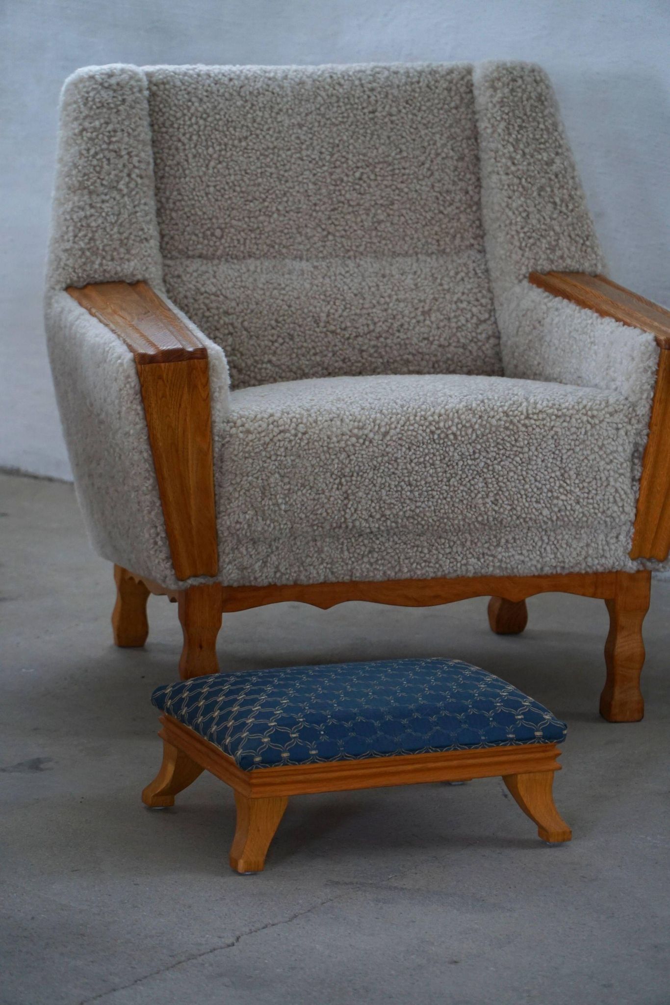 French Art Deco low stool with vintage upholstery made in the 1940s.