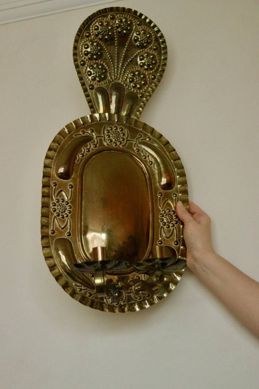 X-large mid-century Swedish brass Baroque sconce with double arm design
