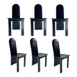 Post modern Memphis high back black leather stitched organic dining chairs, set of 6. Italy, 1980s