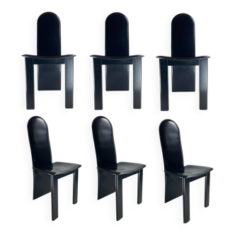Post modern Memphis high back black leather stitched organic dining chairs, set of 6. Italy, 1980s