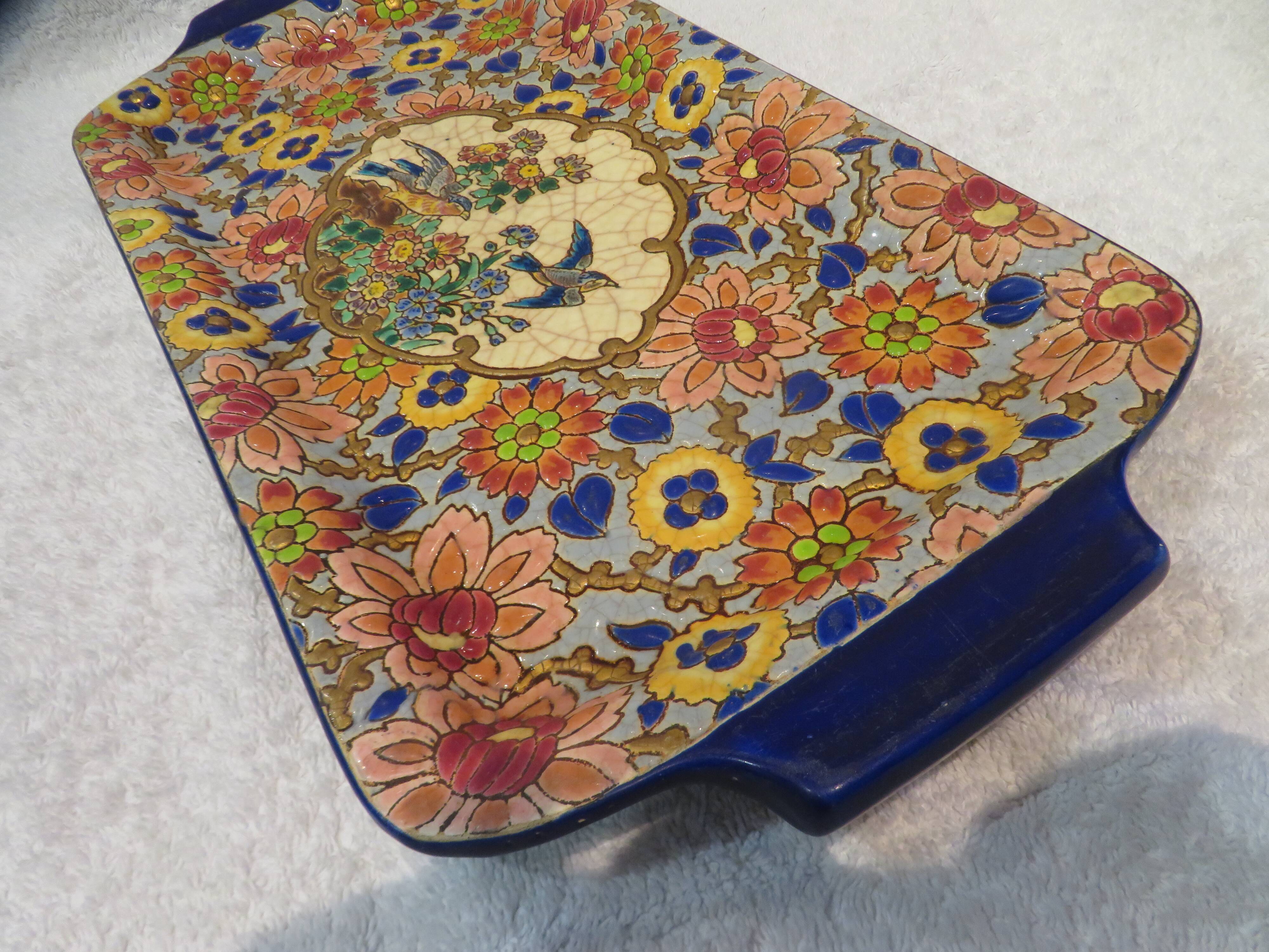 Plat à cake émaux de longwy style art deco décor oiseaux fond bleu clair