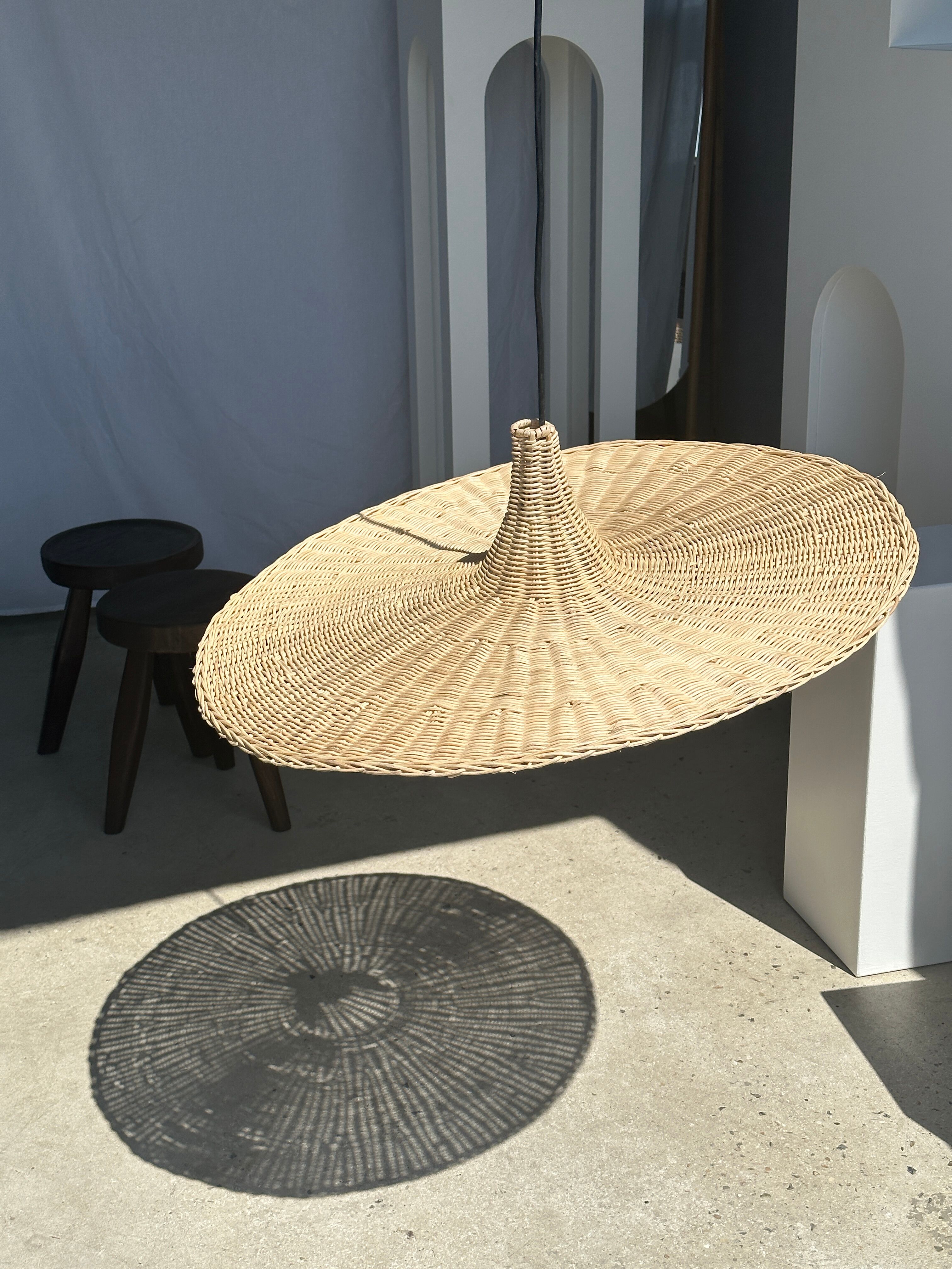Large suspension, rattan luminaire in hat shape D:80cm