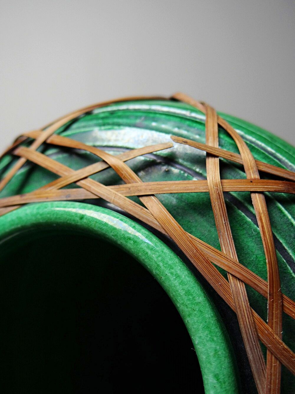 Japanese vase, green ceramic with bamboo lacing, Awaji Yaki, antique 1900-1930.