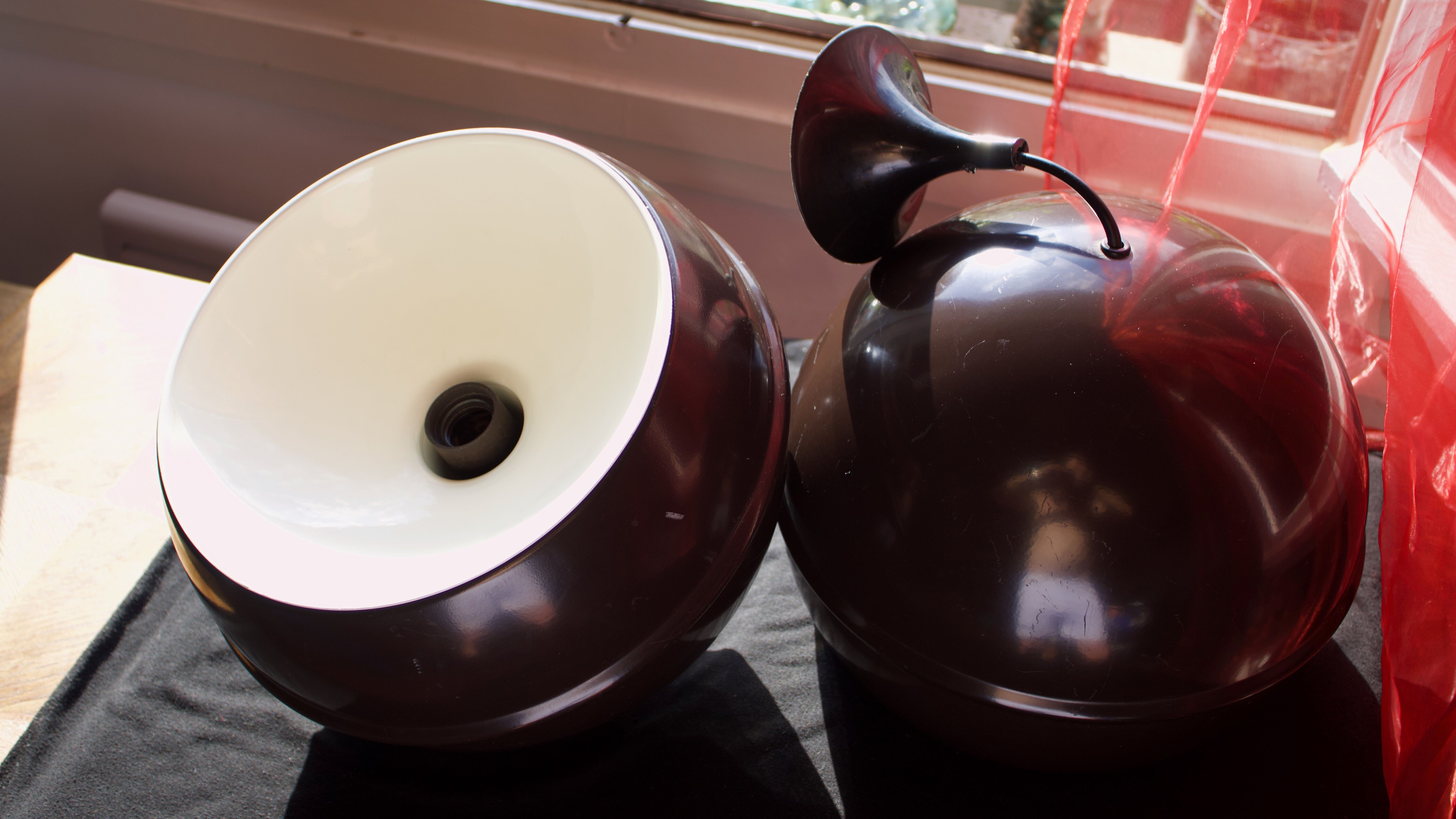 Art Deco Vintage brown and white enamelled suspension duo