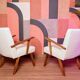 Vintage armchairs set of 2 beige bouclé walnut wood 1960