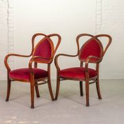 Red Velvet Heartshaped Wooden Vintage Design Side Chairs. Set of 2. 1950s