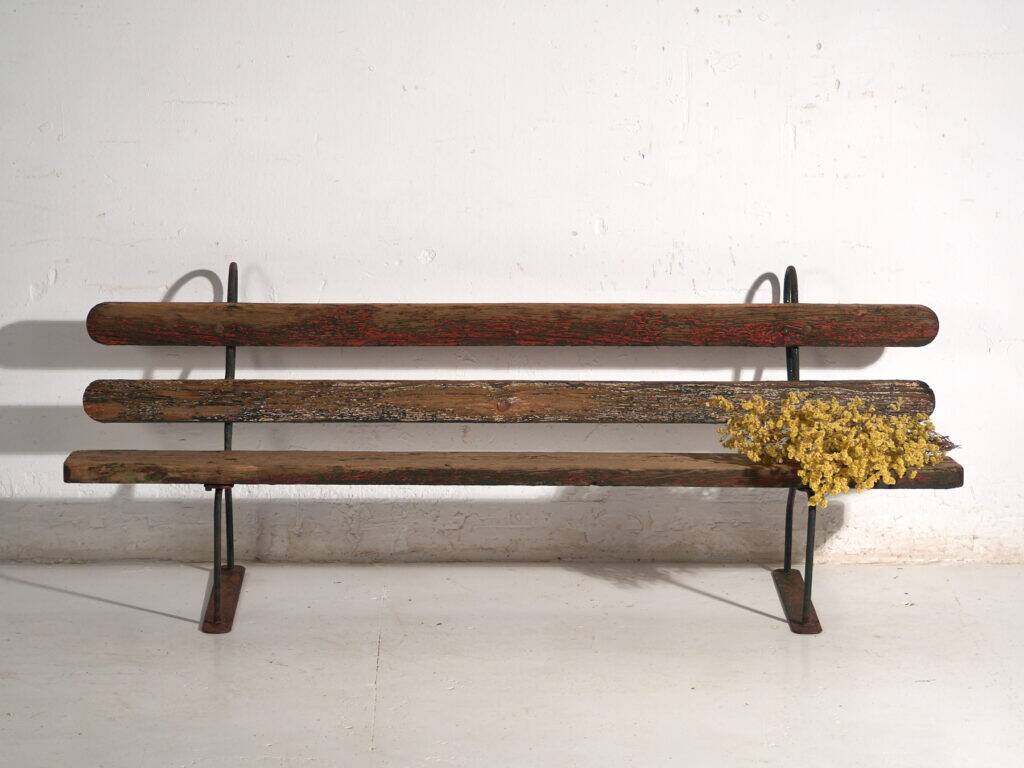Old bench in iron and pine wood – Central Europe, around 1920