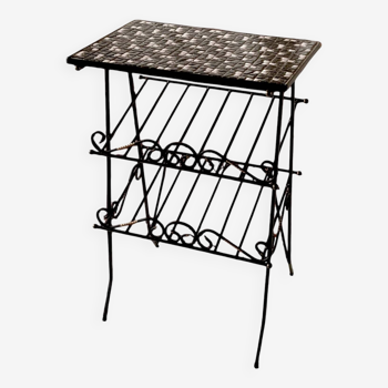 Vintage side table and magazine rack in wrought iron and ceramic tiles