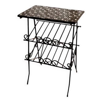 Vintage side table and magazine rack in wrought iron and ceramic tiles