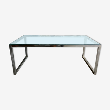 Table basse rectangulaire space age - structure inox et plateau verre - 1980