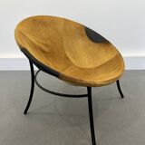 Italian Tan Suede and Black Leather Saucer Chair