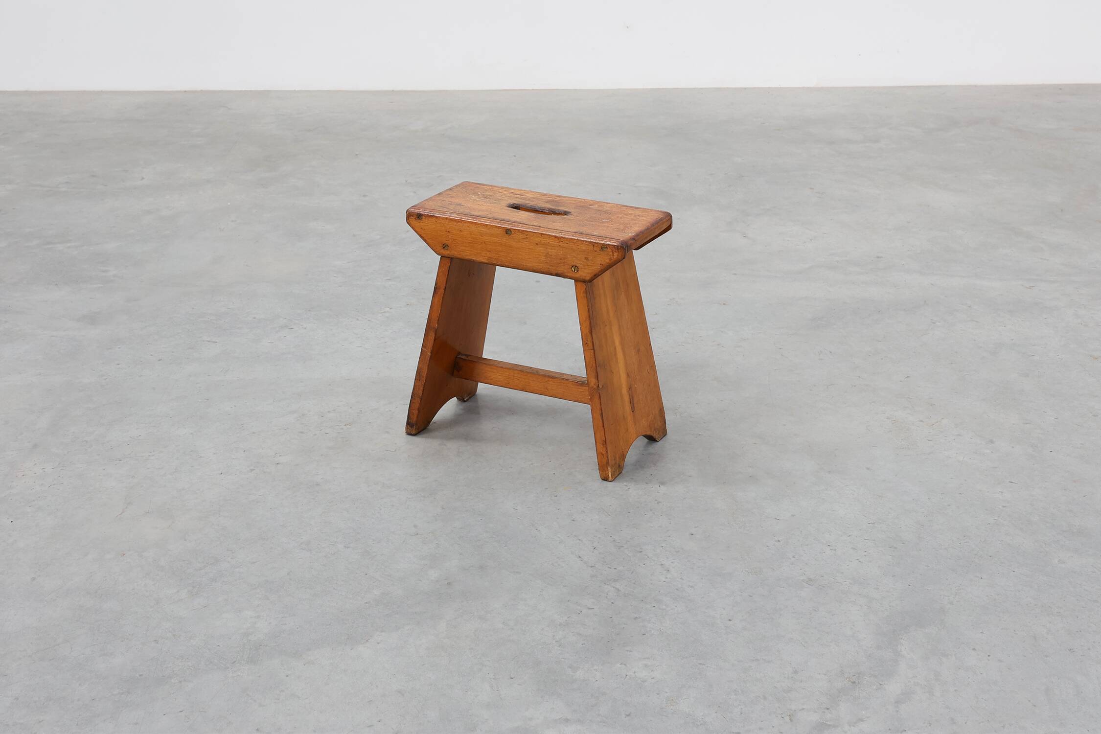Rustic Pine Stool with Cut-Out Trestle Legs, Sweden, circa 1920