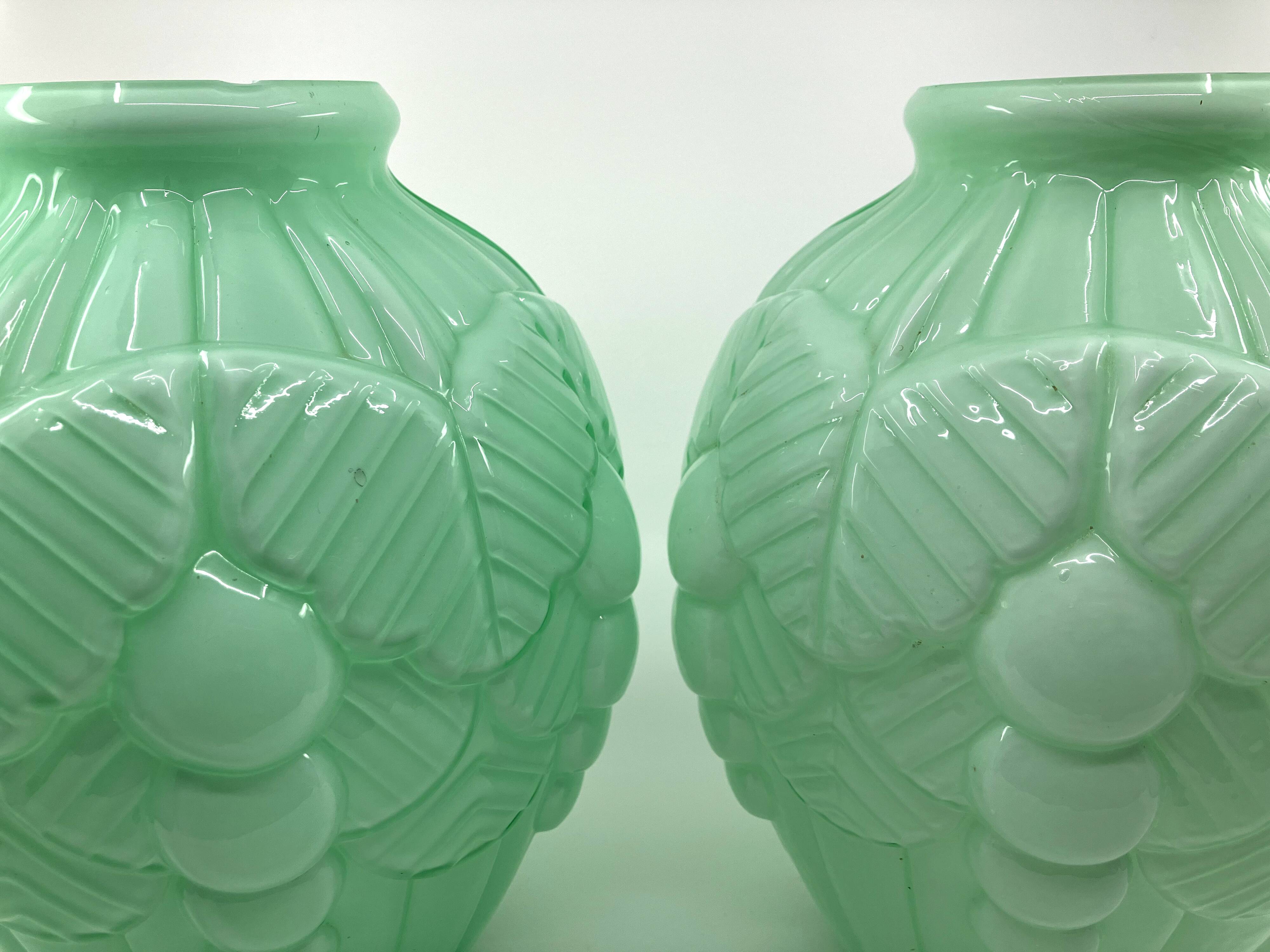 2 Art Deco vases in green opaline • Circa 1920/30