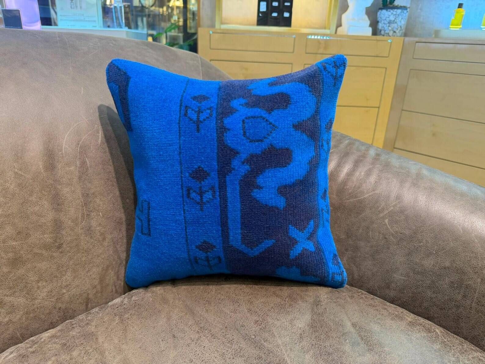 Asymmetric Blue Turkish Rug Pillow, 16x16 Square Wool Cushion Cover