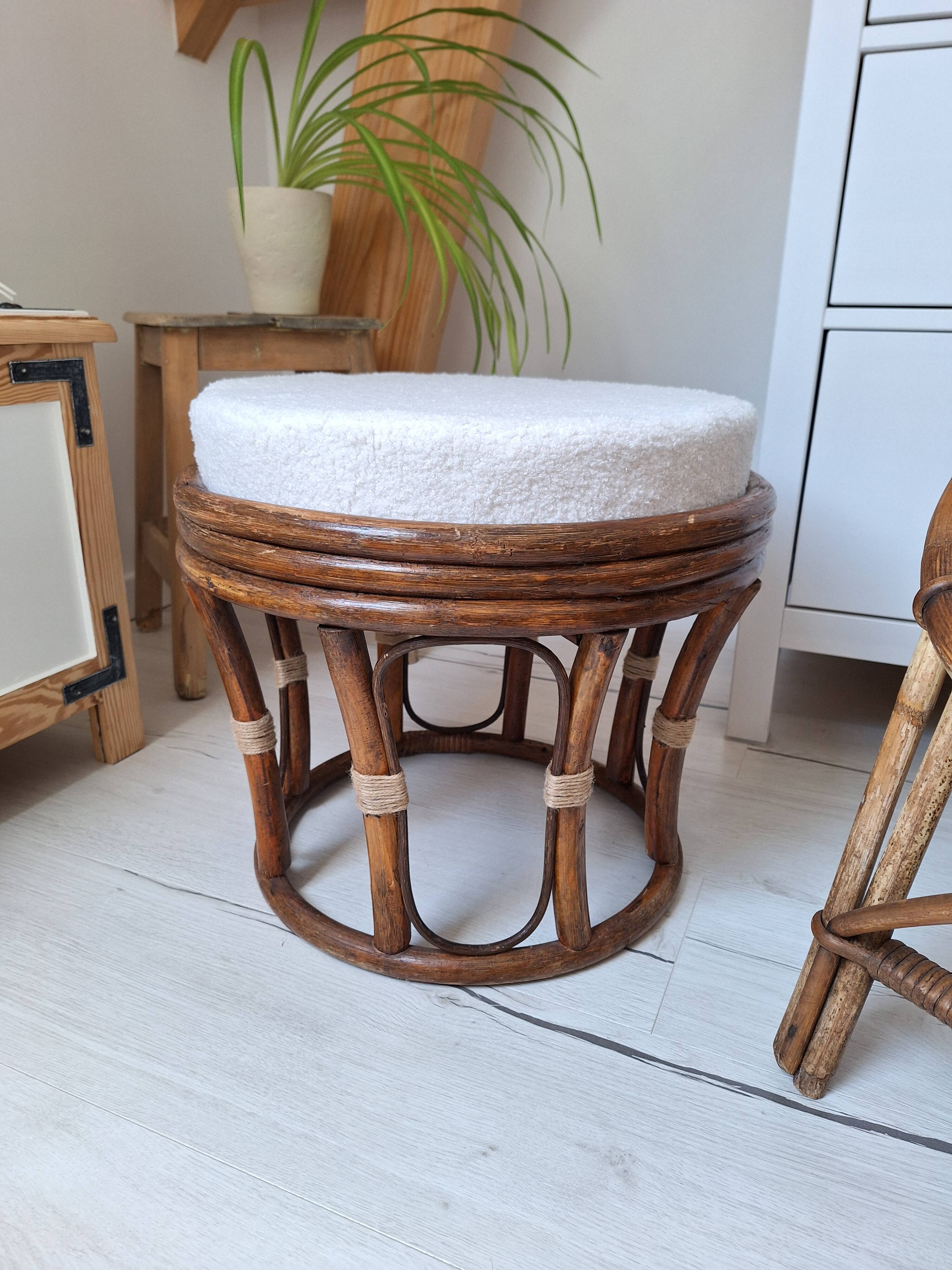 Rattan and boucle fabric pouf