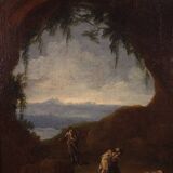 Antique Genoese painting from the 18th century, monks praying in a cave