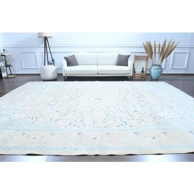 1970s Vintage Persian Handmade Wool Cotton Light Blue Area Rug 291x397