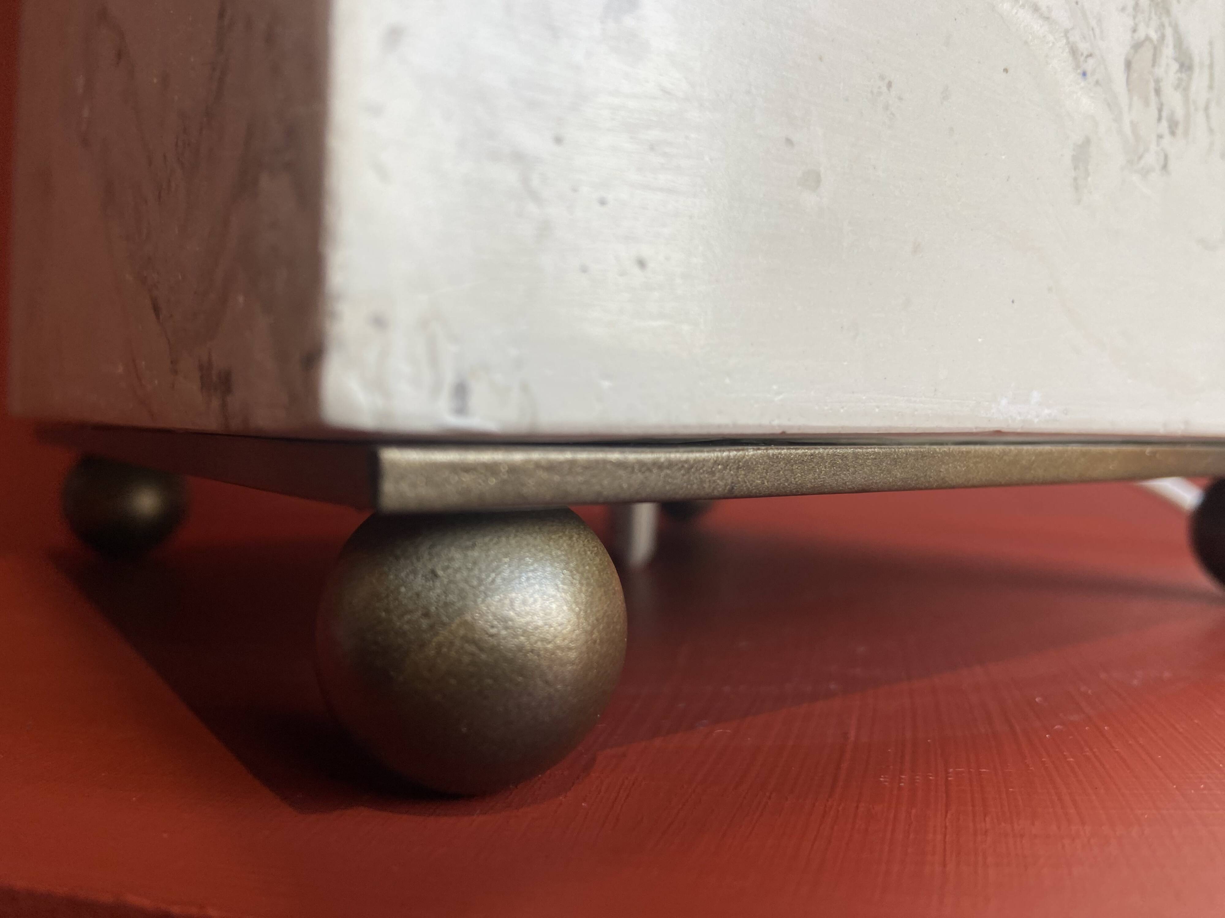 Beige marble stucco base, Houles white ecru fringed lampshade.