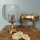 Golden metal foot lamp, twisted glass, vintage