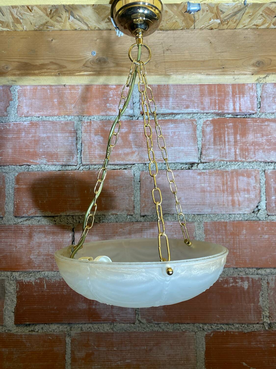 Antique Pendant Light Dome Molded Glass + Vintage Gold Metal