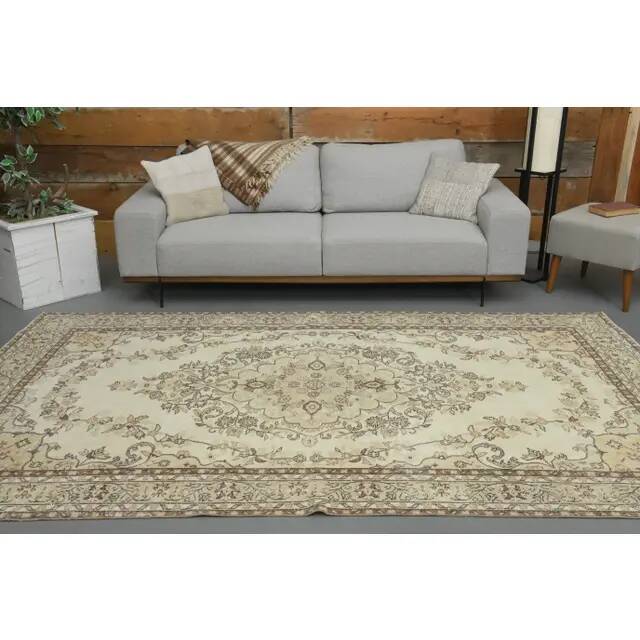 1970s Vintage Turkish Oushak Handmade Wool Cotton Beige Area Rug 186x306