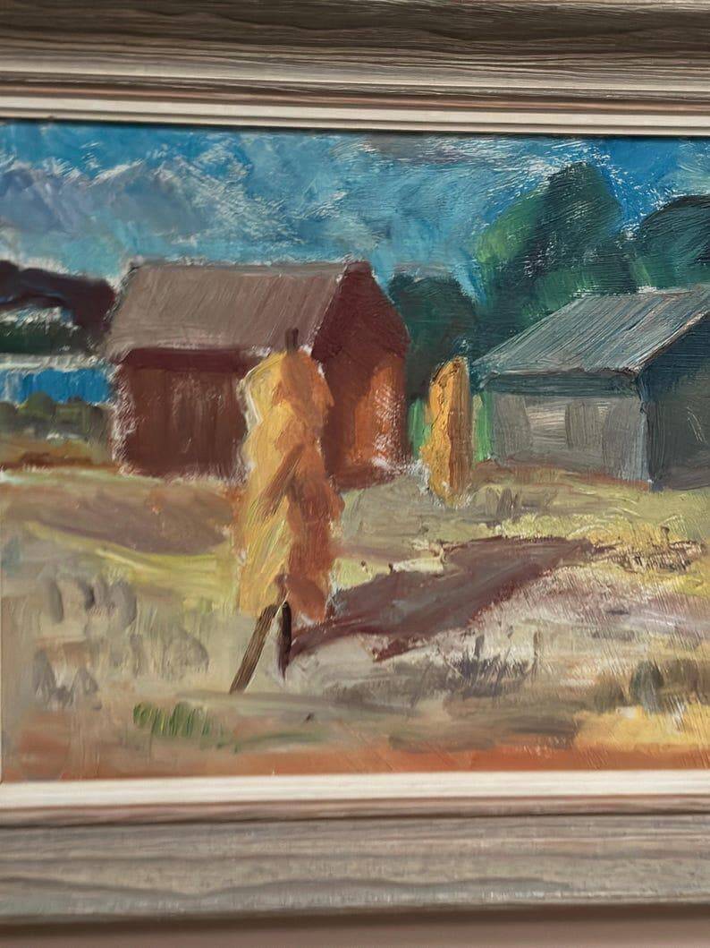 Original Swedish Oil on Panel – “Landscape with Barns” – Vintage & Framed