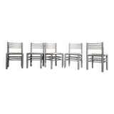 5 x dining chairs / light grey wooden frame / leather seat / Germany 1970s / labeled "ideen für kuchen - innenarchitektur"