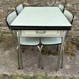 JPP pale green formica table, 4 chairs, 1 stool, 1950s