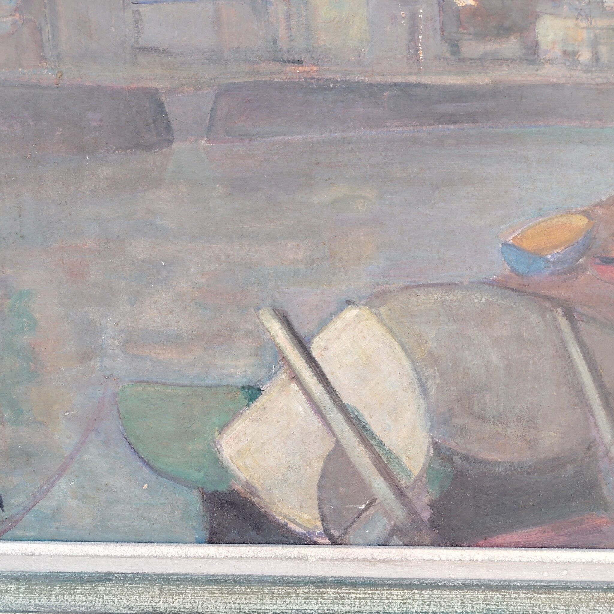 Tableau peinture gouache bord de rivière en Bretagne, vintage