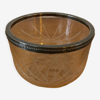 Pot / ramequin en verre taillé couronne en étain vintage