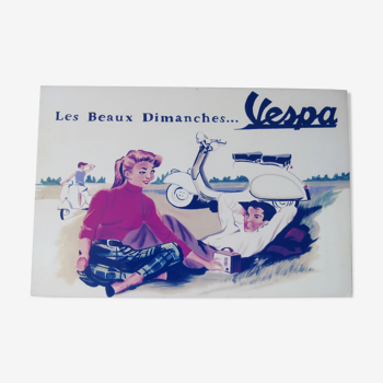 Plaque publicitaire vintage en bois laqué vespa les beaux dimanches