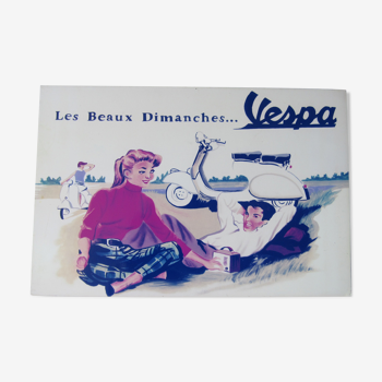 Vintage advertising plate in lacquered wood Vespa Les beaux dimanches