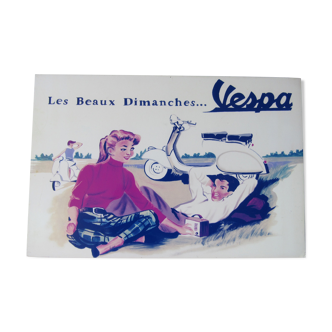 Vintage advertising plate in lacquered wood Vespa Les beaux dimanches