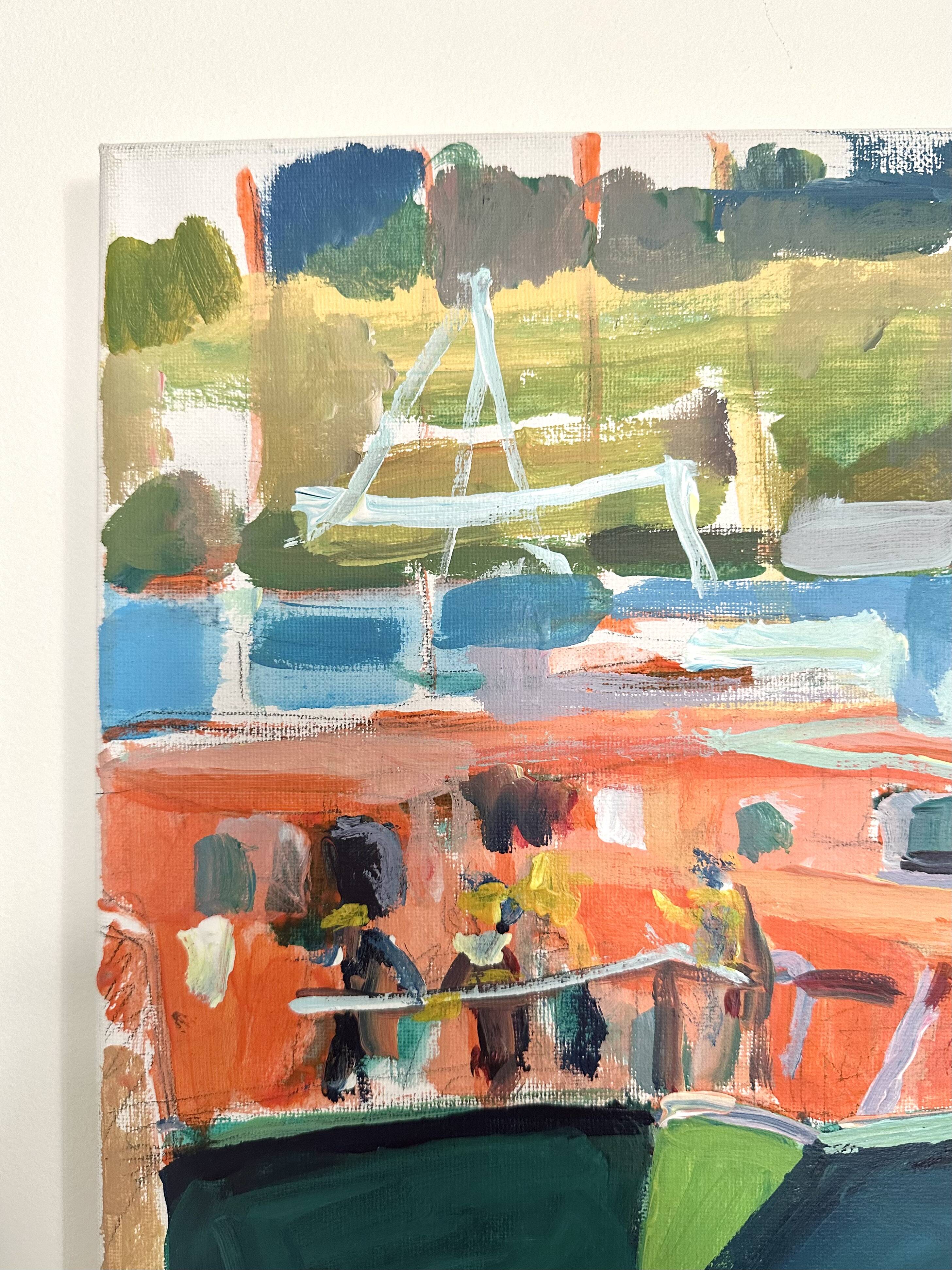 Oil on canvas signed, fishing port with colourful boats.