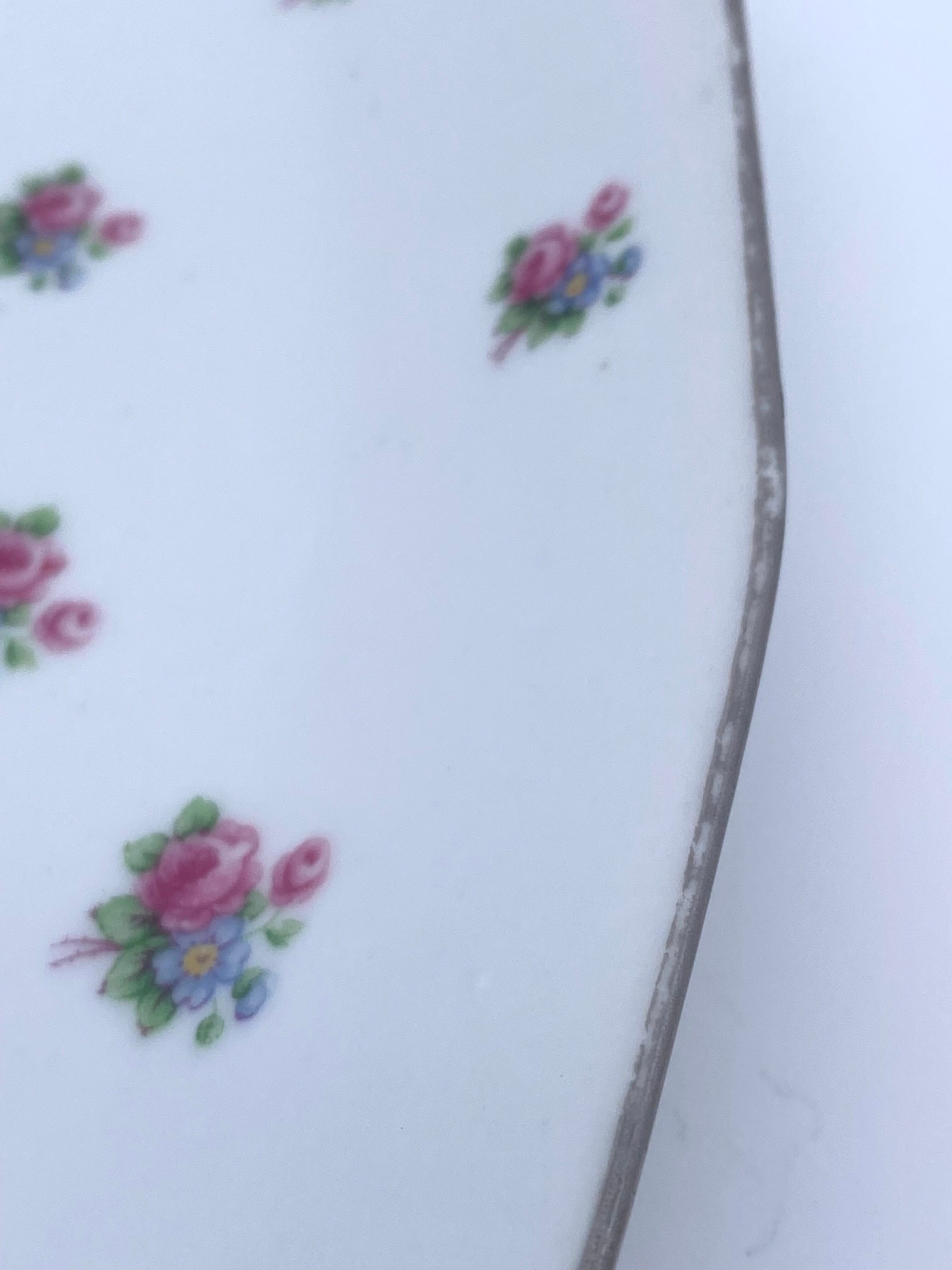 Porcelain serving dishes with small flowers and silver edging and